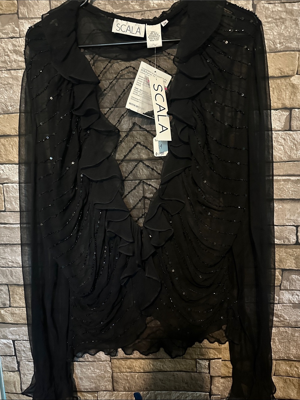 Scala Black Sheer Ruffled Sequin Blouse